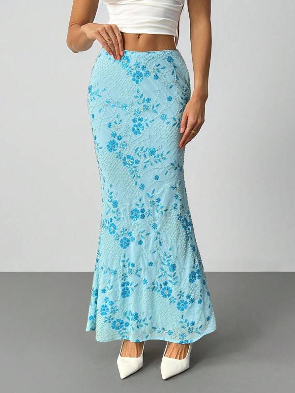 SHEIN Tall Women's Low Waist Sequin Mermaid Hem Elegant Fashionable Skirt