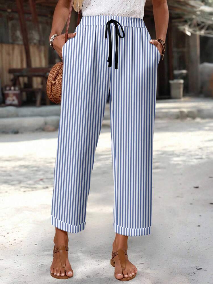 Women's Blue And White Stripe Drawstring Waist Loose Casual Pants,Summer Long Trousers,Autumn Clothing,Striped Vacation Pants,Holiday