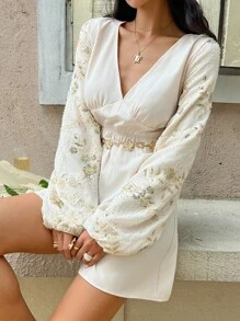SHEIN Frenchy 女式 V 领收腰长袖系带休闲连体裤 - 杏色 - 查看 7