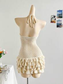 Soleia 女士度假、约会、下午茶、海滩、游轮、音乐节荷叶边下摆露背系带针织连衣裙，夏季 - 杏色 - 查看 2