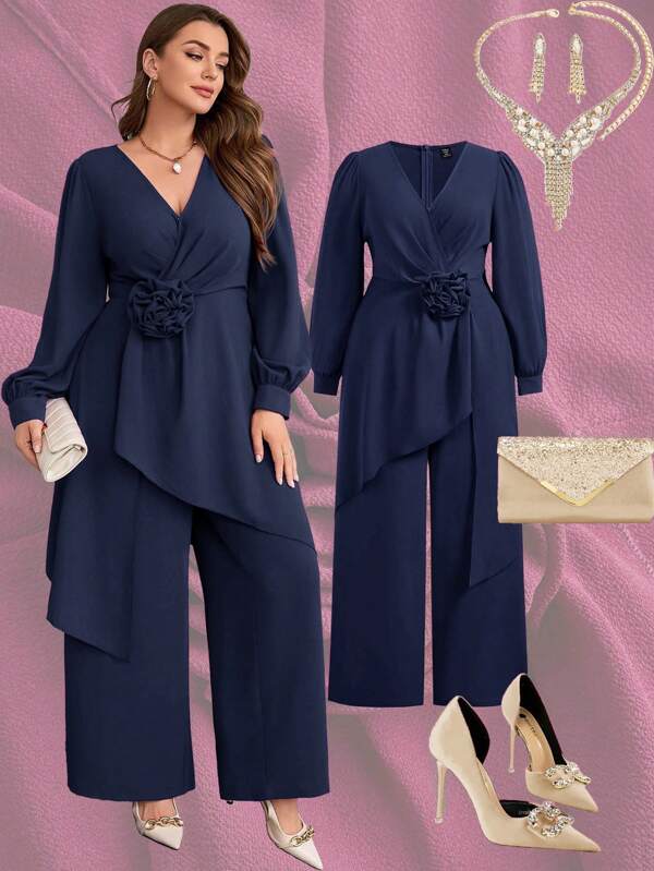 Ellevyn 2pcs Plus Size Chiffon Long Sleeve Set, Autumn/Winter