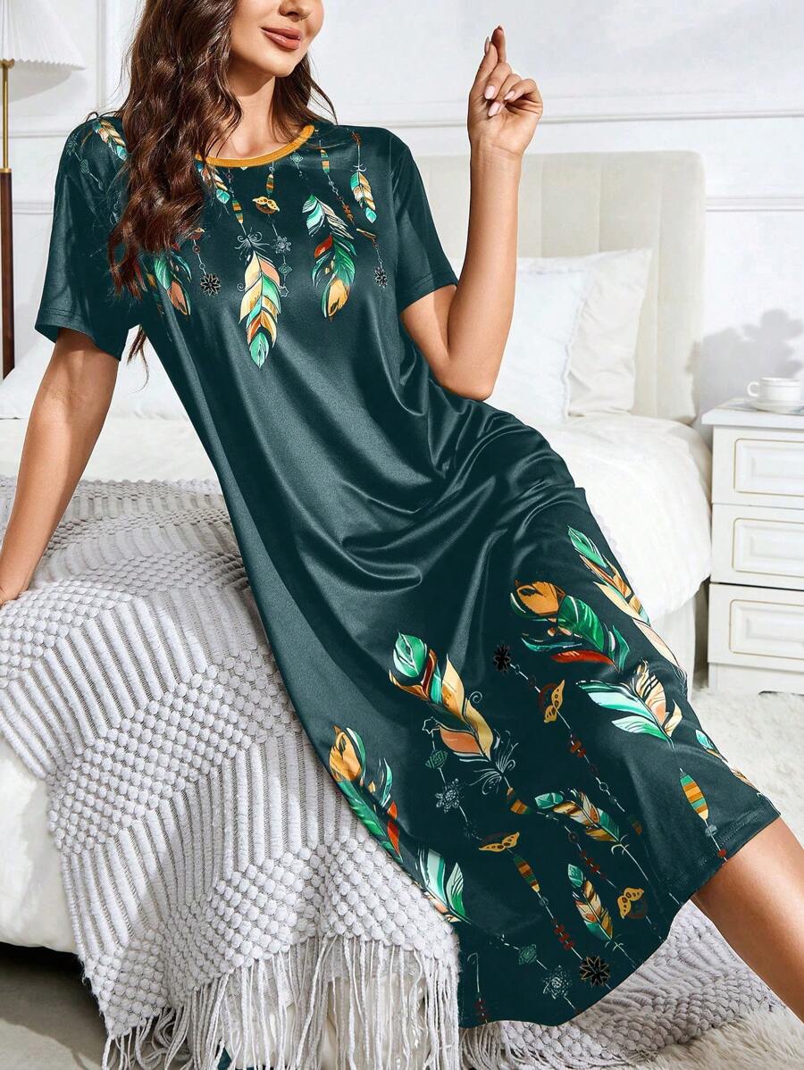 Women's Feather Print Crew Neck Short Sleeve Long Nightgown, Summer, Moo Moo - Multicolor - View 1