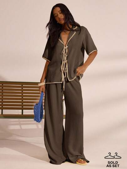 MUSERA Contrast Trim Tie Up Oversized Linen Look Shirt And Trousers Spring Summer Vacation Boho Ibiza Elegant Beach Cute Fall Winter