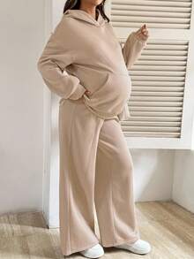 SHEIN 两件套孕妇保暖连帽衫和裤子套装，秋冬 - 卡其色 - 查看 5