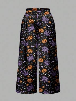 Gothic Dark Mysterious Horror Witch Halloween Pumpkin Skull Cat Bat All-Over Print Loose Wide Leg Plus Size Pants