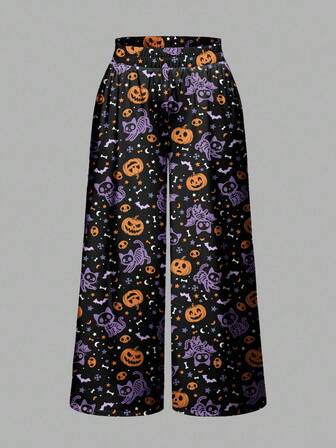 Gothic Dark Mysterious Horror Witch Halloween Pumpkin Skull Cat Bat All-Over Print Loose Wide Leg Plus Size Pants