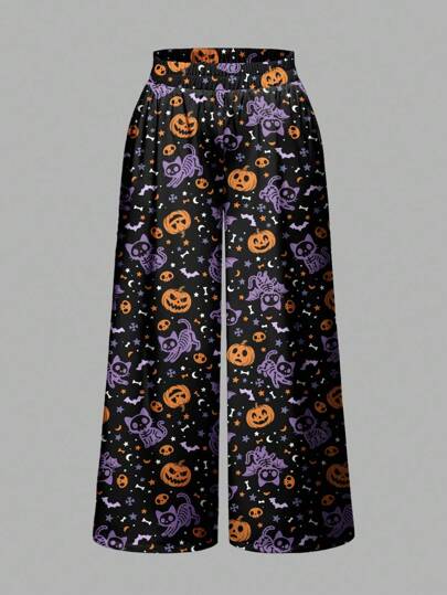 Gothic, dunkel, mysteriös, Horror, Hexe, Halloween, Kürbis, Schädel, Katze, Fledermaus Allover-Muster, weite Beine, Große Größen Hose