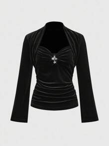 ROMWE Áo thun tay loe họa tiết thánh giá Gothic dành cho nữ, Halloween - màu đen - Xem 1