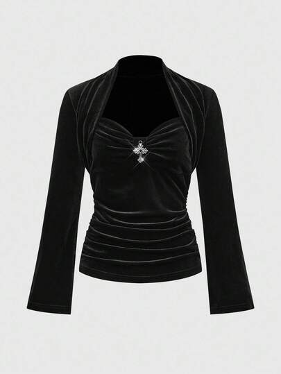 Goth Maglietta aderente da donna con maniche a sbuffo e decorazione a croce gotica, adatta per Ognissanti