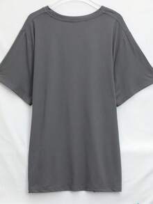 SHEIN CURVE+ Áo thun cổ tròn tay ngắn in chữ và họa tiết cỡ lớn, mùa hè - Màu xám đen - Xem 2