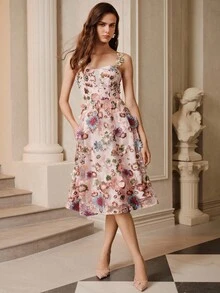 SHEIN Unity Váy lưới thêu hoa 3D cổ tròn không tay thời trang Pháp - Hồng - Xem 3