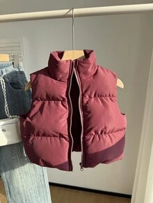 SHEIN Chaleco acolchado con cuello alto, cintura ceñida y ajustado para niña preadolescente, adecuado para uso casual, de commute y escolar en otoño/invierno