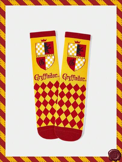 HARRY POTTER X SHEIN 1双女式字母菱形格子图案撞色中筒袜