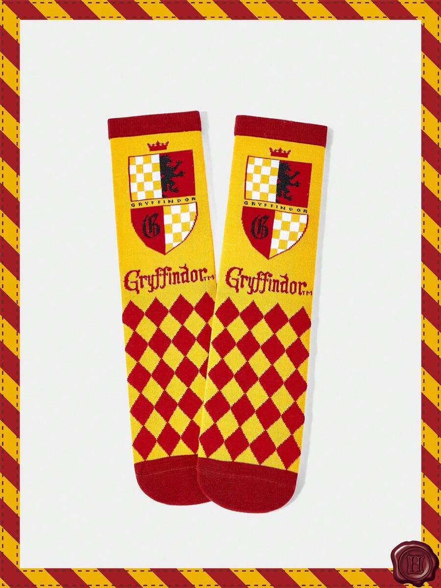 HARRY POTTER X SHEIN 1双女式字母菱形格子图案撞色中筒袜 - 彩色 - 查看 1