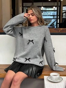 Women's Casual Fashion Dropped Shoulder Sweater With Bow Tie Detail Bow Sweater Grey Sweater Sweater For Women Womens Bow Sweater Pullover Sweater For Women,Jumper,Cream Jumper,Jumpers,Christmas Jumper,White Jumper,Black Jumper,Ladies Jumper,Women's Jumpers
