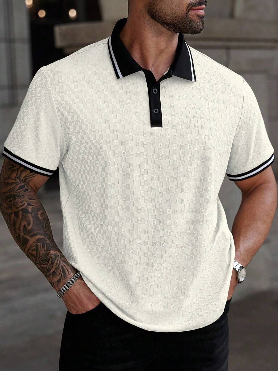 Manfinity Homme 大码男士休闲纹理撞色饰边短袖 Polo 衫，夏季 - 米色 - 查看 1