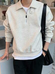 DAZY 男士纯色 Polo 领可调节纽扣套头卫衣，秋冬四分之一拉链款 - 灰色 - 查看 4