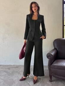 Aloruh 女士U领单排扣西装外套，秋冬新品 - 黑色 - 查看 3