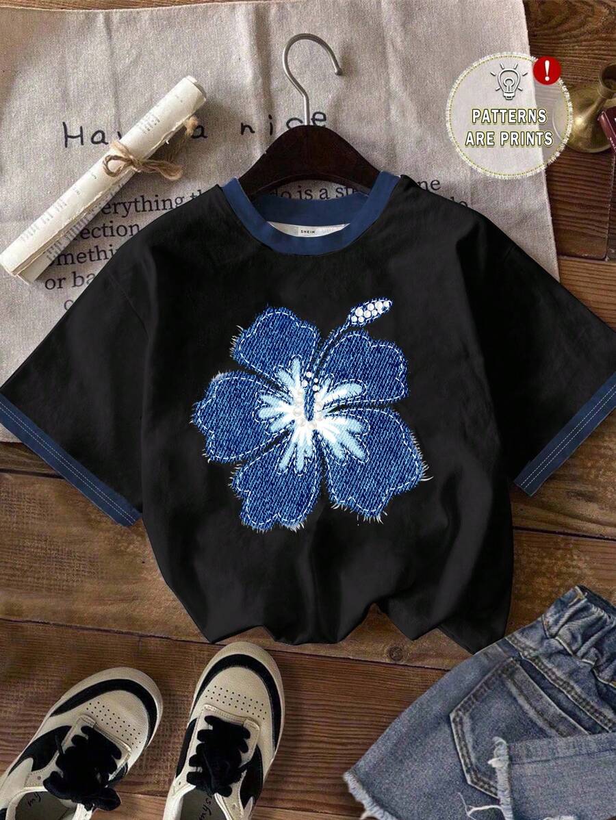 SHEIN EZwear 女士休闲花卉印花宽松圆领短袖T恤,适合夏季 - 彩色 - 查看 1