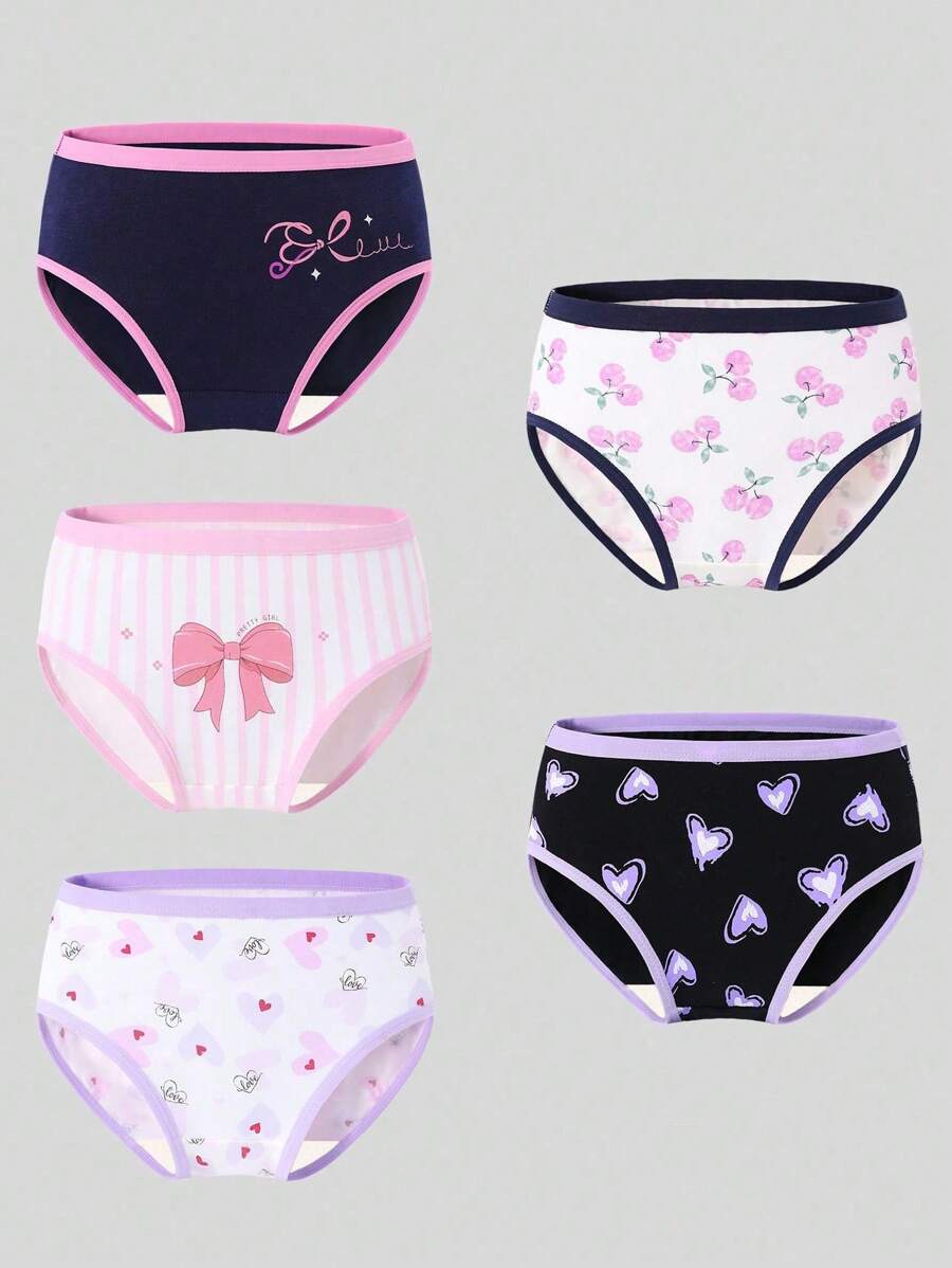SHEIN 5pcs Girls Heart & Bow Pattern Cotton Panty Set Underwear For Girls Panties Pack Girls Underwear Girls Panties Set Fall Winter