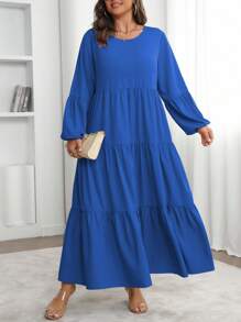 Vionelle Plus Size Women's Spring Summer Solid Round Neck Lantern Sleeve Ruffle Hem Loose Casual Dress Maxi Women Outfit Fall Cloth For Women Long Sleeve Blue Dress Royal Blue Elegant Dress Women Summer Modest Dress Lantern Sleeve Dress Tiered Maxi Dress