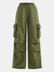 SHEIN Loose Casual Comfortable Mid-Waist Cargo Pocket Straight Leg Pants For Teen Girls Fall Winter - Army Green - View 5