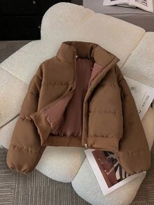 Tween Girls' Brown Padded Coat, Minimalist, Comfortable And Fashionable, Short Style, Suitable For Tween Girl, Super Fall Winter - Brown - View 1
