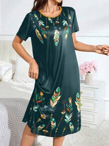 Women's Feather Print Crew Neck Short Sleeve Long Nightgown, Summer, Moo Moo - Multicolor - View 5