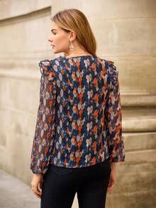 EMERY ROSE 满版印花灯笼袖衬衫、长袖上衣 - 藏蓝色 - 查看 2