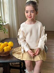 LMoss Kids LMoss Young Girl Solid Color Round Neck Bow Decor Casual Sweater, Fall Sweaters, Young Girl Fall Clothes Stitich Winter - White - View 5