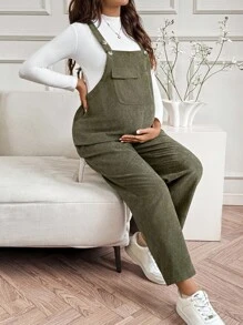 SHEIN Schwangerschafts-Damen Einfarbig Tasche Lässige Weite Bein Latzhose Herbst Damen Kleidung Schwangerschafts-Latzhose Damen Latzhose Große Größen Latzhose Cord Latzhose Olivgrün Latzhose Herbst Damen Latzhose - Armeegrün - Übersicht 7