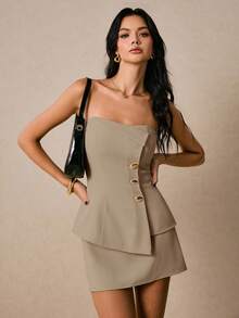 Poéselle Women's Two Pieces Suit Metal Button Decoration Asymmetrical Neckline Suit Elegant Skirt Suit Metal Button Tube Top And Basic Skirt 2pcs/Set Women Solid Color Bustier Top And Mini Skirt Set Women Two Pieces Sets Birthday Women Outfits Women Outfit Sets Two Pieces Set Skirt Summer Two Pieces Outfits Country Concert Outfit Streetwear Going Out Outfits Women Outfits - Mocha Brown - View 8