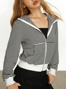 Rina Fox 女士条纹休闲连帽衫，3D耳朵设计，可爱又酷炫 - 黑與白 - 查看 6