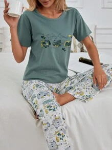 EURMUSE 2Pcs Cotton Cute Animals Printed Shirt And Animals Printed Sleep Bottom Homewear PJ Set - Green - View 5
