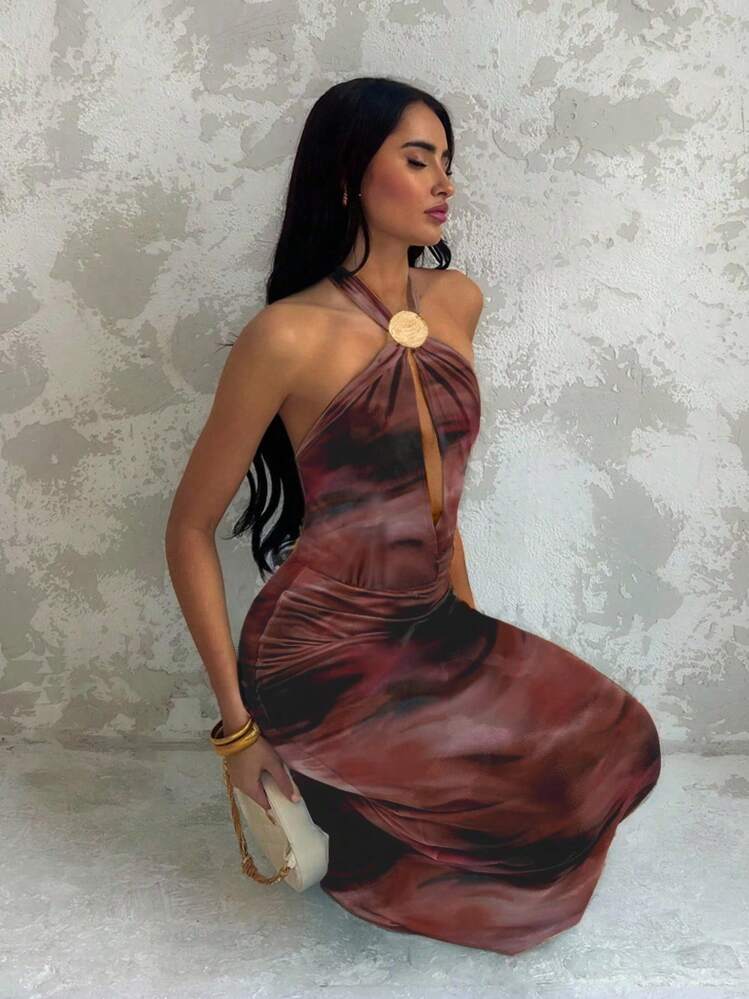 brown dress with shells Abercrombie & Fitch spaghetti straps cutout slip linen blend maxi dress in  brown print