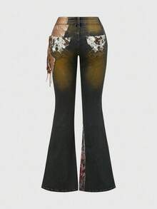 ROMWE EDITION Jeans courts évasés pour femmes à taille basse vintage avec imprimé animal patchwork, franges et laçage en PU, style Shibuya Y2K - Bleu azur - Voir 2