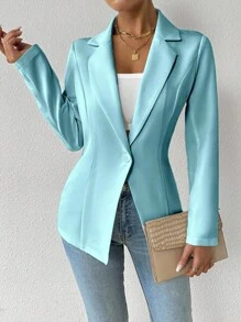 Chiquease 女士纯色立领长袖休闲西装外套，通勤风格，秋季 - 藍色 - 查看 6