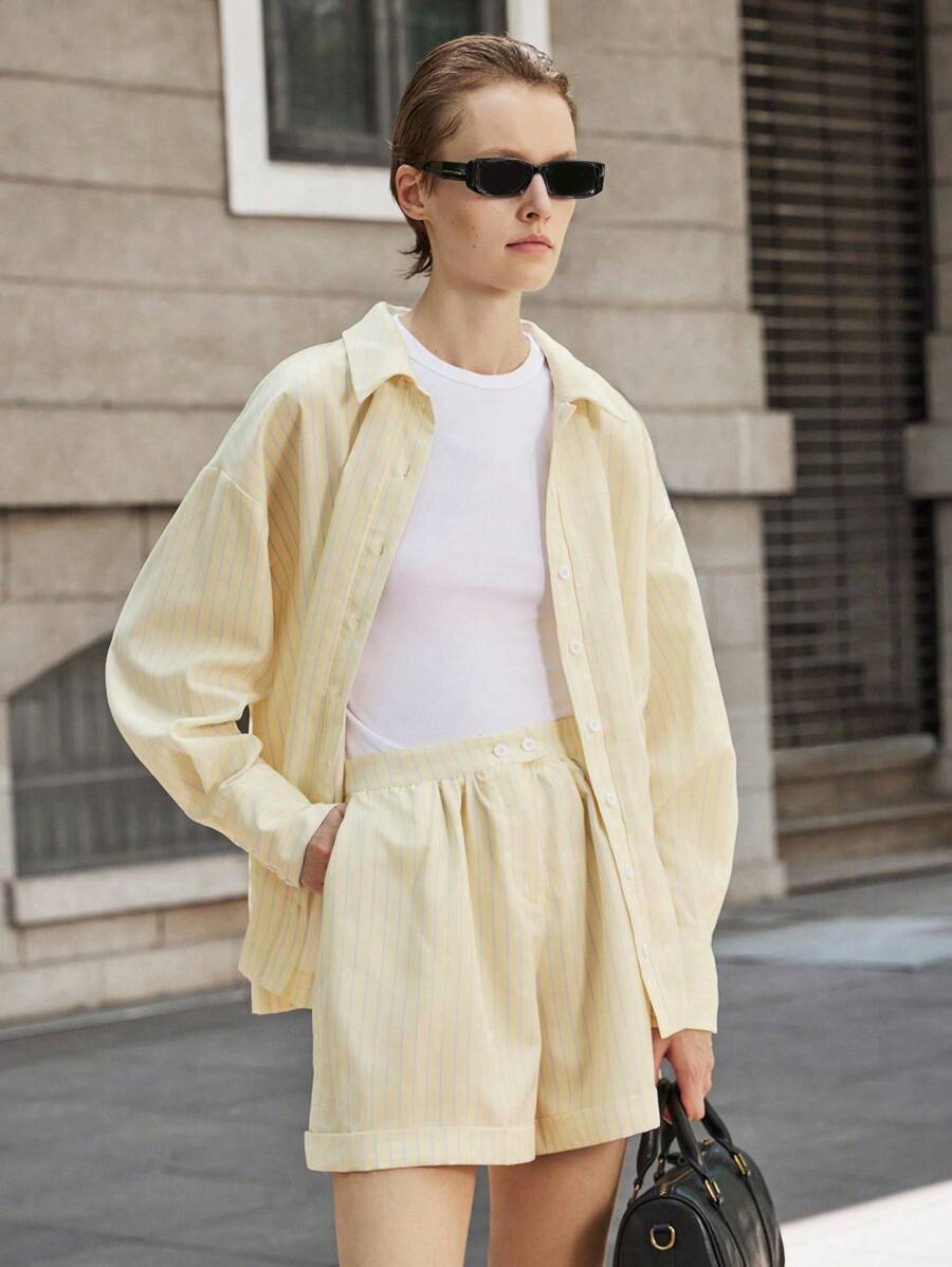 Lumivelle Conjunto Casual de Negócios para Mulheres no Outono, Camisa de Manga Longa com Botões e Gola, e Shorts Estampados com Barra, 2 Peças, Elegante, Casual, Confortável, Versátil, Roupas Casuais para Primavera, Universidade - Multicolorido - Visão 1