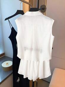 SHEIN Clasi Plus Size Collared Pocket Embroidered Puff Sleeve Shirt & Shorts 2 Pieces Set - White - View 2