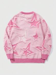 ROMWE MEN Street Life Men's Pentagram Pattern Crew Neck Loose Casual Sweater , Fall Winter, Long Sleeve Top - Pink - View 2