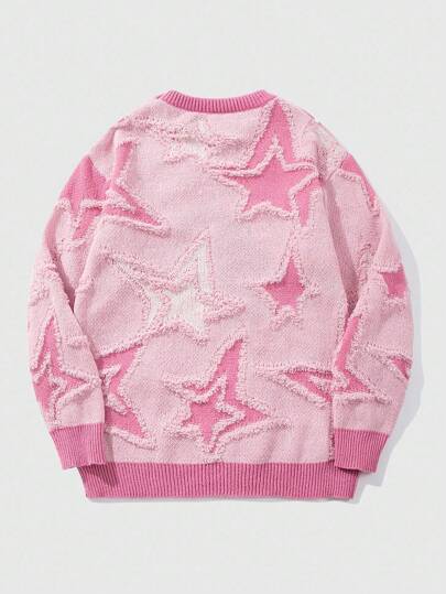 ROMWE MEN Street Life Spring Casual Graphic Pink Men'S Pentagram Pattern Crew Neck Loose Casual Sweater , Fall Winter, Long Sleeve Top