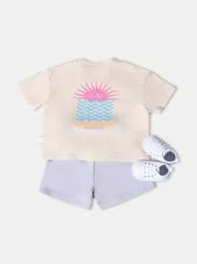 SUMWON Summer Beach Two Piece Set Girls T-Shirt Drawstring Shorts Wear Sunshine Wave Print Casual Holiday Outfit Wear Playtime Clothes - Multicolor - View 1