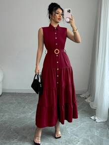 Elenzga 女士休闲通勤日常简约纯色分层下摆扣带无袖连衣裙，夏季 - 酒紅色 - 查看 5