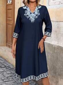 EMERY ROSE Women's Vintage Style Print Simple Daily Summer Dress Maxi Women Outfit - Navy Blue - View 4