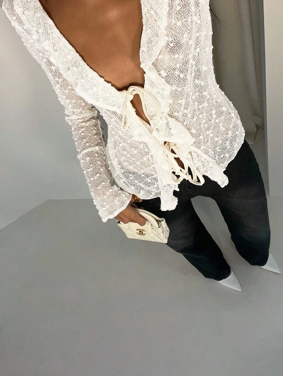 Glamine 女士V领褶裥系带长袖休闲舒适T恤开衫，镂空浪漫度假时尚镂空性感外套上衣，秋季新品 - 杏色 - 查看 1