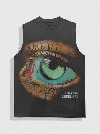 Street Life Teen Boy Eye Graphic Black Crew Neck Casual Tank Top