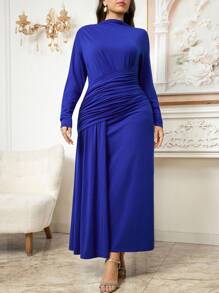 Ellevyn Women's Curvy Plus Size Royal Blue Dress,Long Sleeve Elegant Formal Pleated Ruched Knit Dress For Winter Wedding Guest,Party,Date Night Outfit,2025 - Blue - View 5