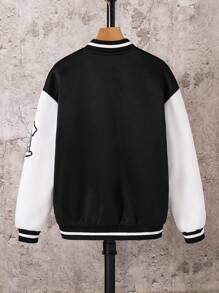 SHEIN Tween Boys' Black Autumn Smart Back-To-School Baseball Collar Jacket,Letter Print Patchwork Contrast Sleeve Loose Open Front Jacket For School,Sports - Black and White - View 2