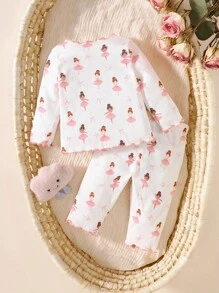 SHEIN Bộ 2 món đồ sơ sinh cho bé gái, áo dài tay in họa tiết hoạt hình, quần dài chất liệu vải mềm mại, thoải mái và thân thiện với làn da - Hồng - Xem 2