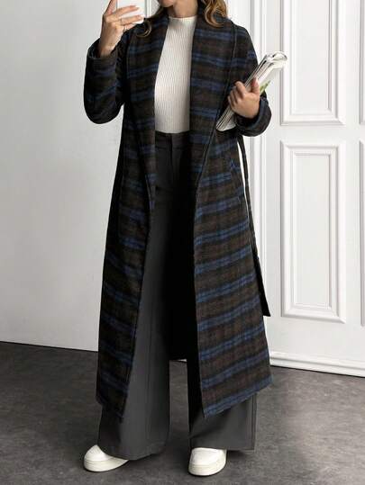 EURMUSE Plaid Print Pocket Belted Elegant Long Sleeve Long Jacket